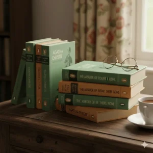 A collection of vintage green and white Penguin paperback editions of Agatha Christie classics.