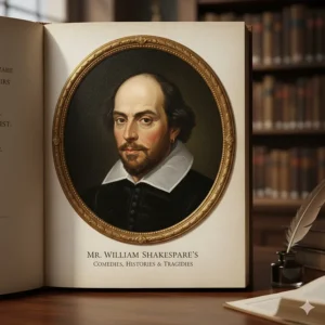 A stylised version of the Chandos portrait of William Shakespeare, commonly used as a frontispiece for his complete works.
