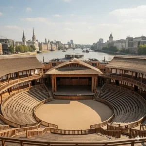 A detailed sketch of the historic Globe Theatre in London, synonymous with the Shakespeare complete collection works.