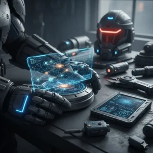 Close-up of advanced sci-fi technology, including holographic maps and power armour, as described in contemporary space opera novels.