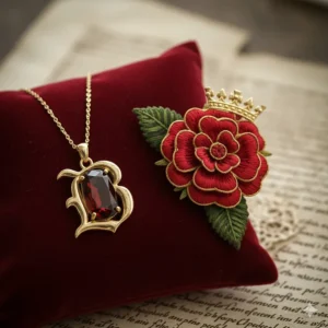 A stylised illustration of a gold 'B' letter necklace and a Tudor rose, representing novels about Anne Boleyn.