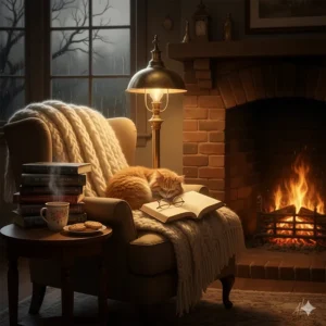 A cosy reading nook by a brick fireplace with a woolly throw, a sleeping ginger cat, and a stack of murder mystery books.