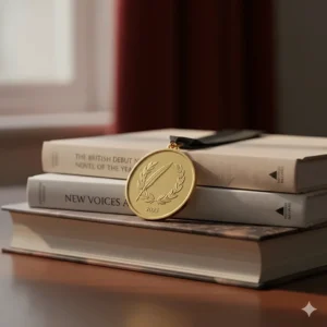 A gold literary award medal resting on a stack of books, representing prize-winning debut novels in the UK.