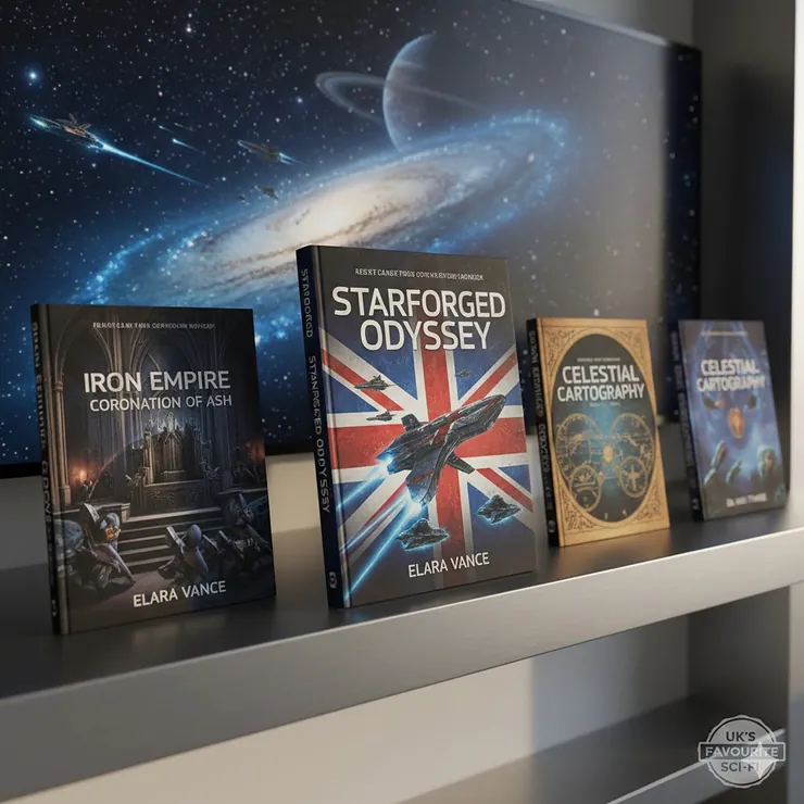 A cinematic book cover display of popular space opera novels, featuring sweeping galactic vistas, futuristic starships, and intricate British cover art designs. space opera novels