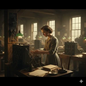 A woman working on a decryption machine at Bletchley Park, a common setting for WW2 spy fiction.