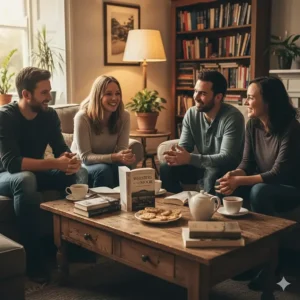 A diverse group of friends in a comfortable living room discussing a debut novel over tea and biscuits.