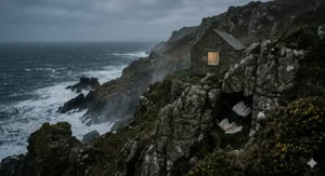 A desolate, windswept Cornish cliffside under grey skies, a popular setting for British coastal horror fiction.