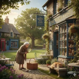 A quintessential British village green with a stone-built tea room and a detective figure, illustrating the popular cosy mystery genre.