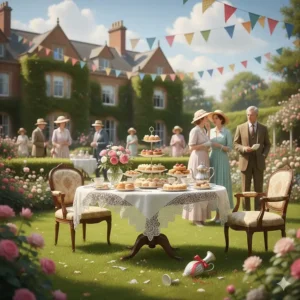 A summer garden party at a British manor house with bunting, tiered cake stands, and guests in vintage attire whispering over tea.