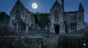 An atmospheric illustration of a crumbling English manor house under a full moon, representing British gothic horror.