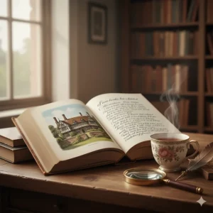 An open book featuring a stylised illustration of a Tudor manor house on a mahogany desk, representing popular British historical fiction.