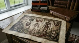 An intricate, photorealistic illustration of esoteric occult symbols and pagan masks on aged parchment, laid on a rustic library desk under natural window light.