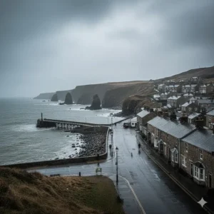 A grey, overcast day at a coastal British town featuring a stone harbour, rugged cliffs, and wet streets, typical of coastal noir novels.