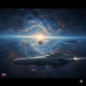 A stylised tribute to the British space opera tradition, featuring sleek ship designs and melancholic galactic horizons.