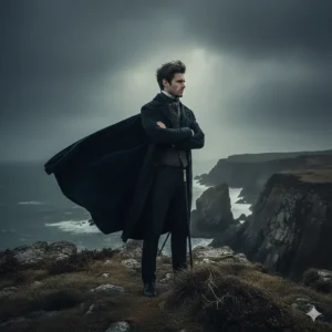 A brooding, dark-haired man in a long overcoat standing on a rugged cliff edge, depicting the Byronic hero trope found in gothic novels.