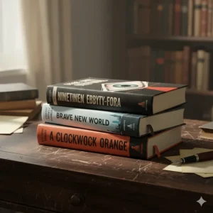 A stylised stack of books including 1984, Brave New World, and A Clockwork Orange on a dark timber desk.