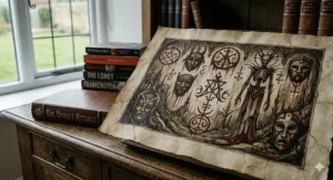 Artistic rendering of iconic creatures from British horror books, including Frankenstein’s monster and Dracula.