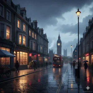A photorealistic London street scene at dusk with a red double-decker bus and a local bookshop, representing modern British urban novels.