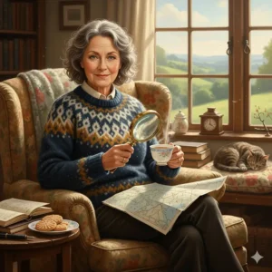 An amateur female detective in a Fair Isle jumper sitting in a floral armchair, holding a magnifying glass over a map of the British countryside.