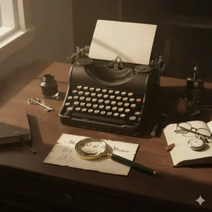 A desk featuring a vintage typewriter, a magnifying glass, a fountain pen, and a pocket watch, evoking a classic whodunnit atmosphere.