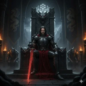 An antagonist seated on a stone throne in a dark, atmospheric castle from an epic fantasy series.