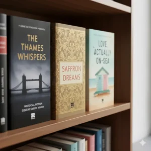 A close-up of book spines on a wooden bookshelf representing debut novels in various genres including crime, historical fiction, and romance.