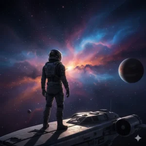 A lone explorer standing on the hull of a scout ship looking out at a colourful nebula, capturing the wonder of space opera novels.