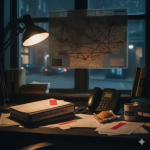 A moody Detective Inspector’s desk at night featuring an Operation Nightfall case file, a desk lamp, and a map of London with red string.