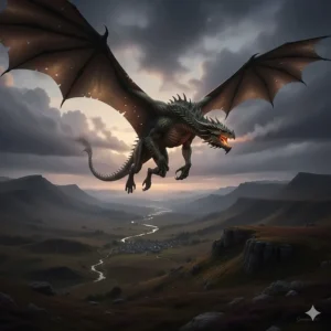 A large, scales-covered dragon soaring over a rugged moorland in a scene from an epic fantasy series.