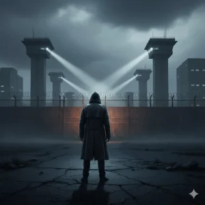 A silhouette of a hooded figure standing against a backdrop of a high-security perimeter fence and searchlights.