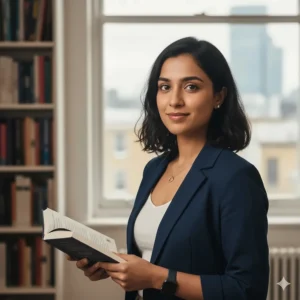 A professional portrait of an emerging British author holding a book in a modern library with soft natural lighting.