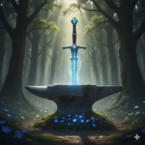A close-up of a glowing, rune-etched sword buried in a stone, a key plot point in an epic fantasy series.