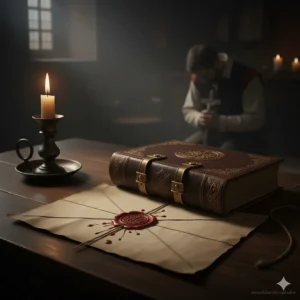 A heavy leather-bound Bible and a wax-sealed letter, symbolising the religious tension of the English Reformation.