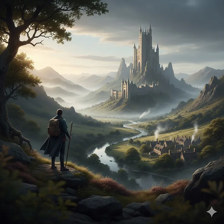 A cinematic wide shot of a sprawling epic fantasy series setting with misty mountains, a medieval castle, and a lone traveller. epic fantasy series