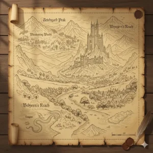 An intricate hand-drawn parchment map showing the kingdoms and geography of an epic fantasy series.