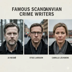 Portraits of three leading Nordic noir authors, including Jo Nesbo and Stieg Larsson, displayed as a featured author guide.