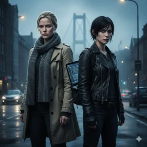 An illustration of two strong female protagonists in urban Scandinavian settings, representing the lead characters common in Nordic crime books.