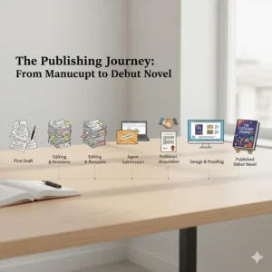 An infographic-style graphic showing the publishing journey from an initial manuscript draft to a finished debut novel on a desk.