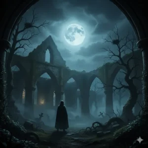 An atmospheric illustration of a crumbling stone abbey under a full moon, a common setting in early gothic fiction.