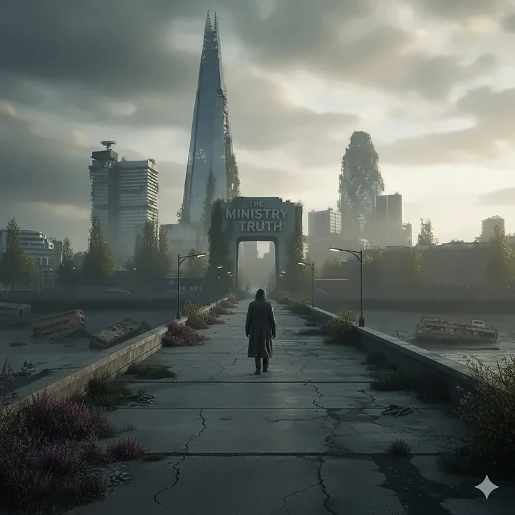 A cinematic wide shot of a crumbling London skyline under a grey sky, representing a classic dystopian fiction setting. dystopian fiction