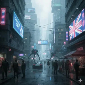 A neon-lit street scene showing advanced robotics contrasting with poverty, a common trope in tech-heavy dystopian stories.