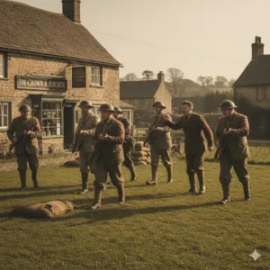 British Home Guard volunteers training in a village setting during the Second World War.