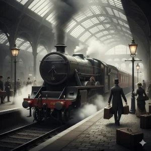 A steam locomotive pulling into a Victorian railway station, illustrating the impact of the Industrial Revolution on period literature.