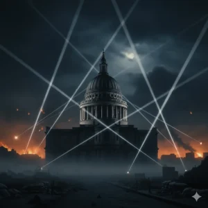 Silhouette of St Paul’s Cathedral during the London Blitz with searchlights crossing the night sky.