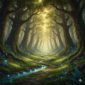 Sunlight filtering through ancient oak trees in a magical forest, typical of a British epic fantasy series setting.