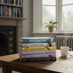 A stack of prize-winning contemporary British literary fiction novels featuring diverse UK voices on a wooden table in a sunlit room.
