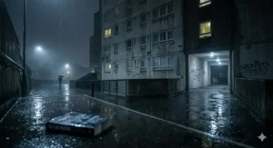 A gritty depiction of a London council estate at night, reflecting the setting of contemporary British urban horror books.