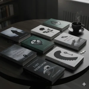 A collection of modern gothic novel covers with dark, minimalist designs, arranged on a circular wooden table next to a cup of black coffee.