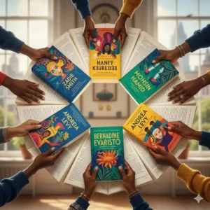 A circular arrangement of hands holding colourful books by diverse contemporary British authors, symbolising the breadth of modern UK literature.