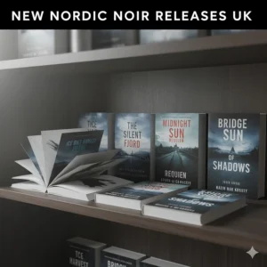 A selection of new Nordic noir book releases displayed on a contemporary wooden bookshelf in a UK bookshop.